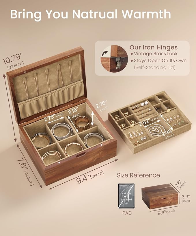 Acacia Wood Jewelry Box with Hinged Lid and Removable Velvet Tray | Magnetic Sealed Lid,Scratch-proof,Compartmentalized, Necklace Earring Rings and Bracelet Organizer
