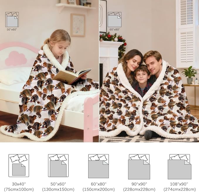 BlessLiving Throw Blanket, Dog Animal, Twin | sherpa fleece fabric, Papillon Shepherd Plush Lover Gifts print, for couch or sofa, pet lovers, easy machine care