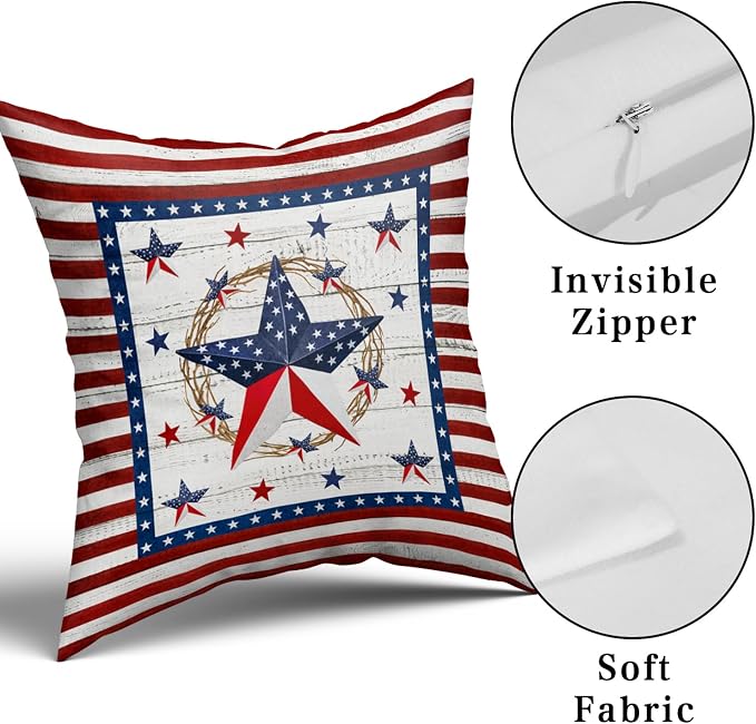 Giwawa 18"x18" Patriotic Stars Pillow Covers 4th of July Star Wreath Decorative Throw Pillow Cases Set of 2 Independence Day Cotton Cushion Covers for Sofa Couch Indoor Outdoor Holiday