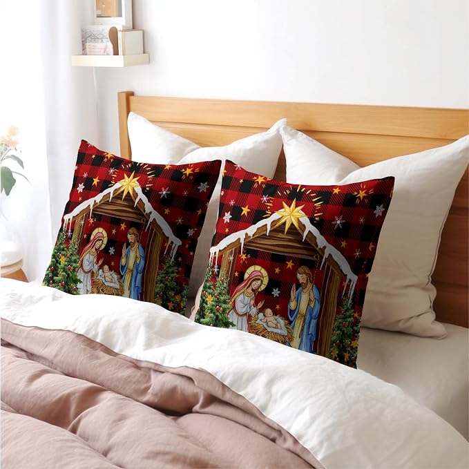 Jesus Nativity Throw Pillow Cover 16x16 Inch Set of 2 Xmas Red Buffalo Plaid Pillow Case Christma O Holy Night Winter Holiday Cushion Case for Home Living Room Couch Sofa Decor
