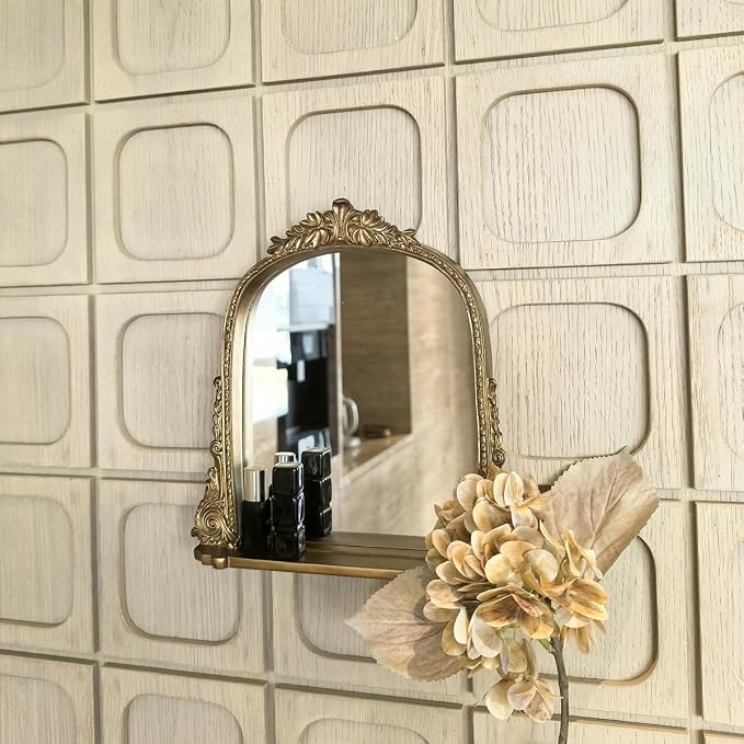 SIKOO 8x10 Inch Arched Vintage Mirror with Shelf, Decorative Wall Art for Home, Resin and Premium Glass, Bronze Gold