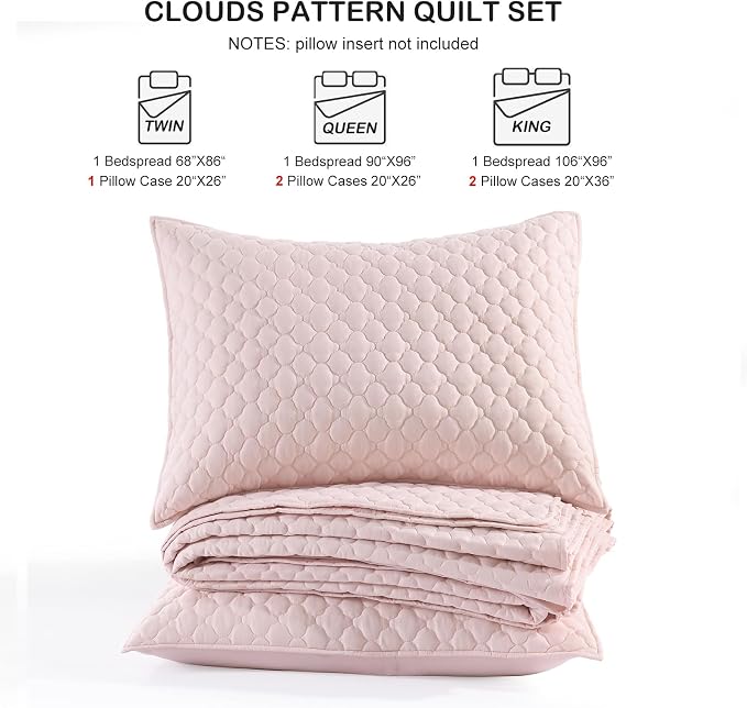 HORIMOTE HOME Quilt Queen Size Light Pink, Lightweight Quilts for Summer Ultra-Soft Microfiber Modern Style Quilted Clouds Pattern Bedspread Quit Set 3 Pieces(1 Quilt and 2 Pillow Shams)
