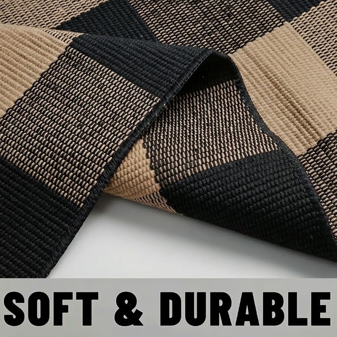 Buffalo Plaid Outdoor Rug 27.5" x 43" Coffee and Black Checkered Area Rug Washable Doormats Indoor Outdoor Rugs for Layered Front Door Mats, Porch, Entryway, Kitchen, Farmhouse