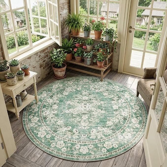 GarveeHome 6ft Round Rug for Living Room Vintage Flower Bordered Carpet | Distressed Floral Botanical Bedroom Rug Machine Washable Non-Slip Sage Green Area Rug for Conference Room Nursery Room