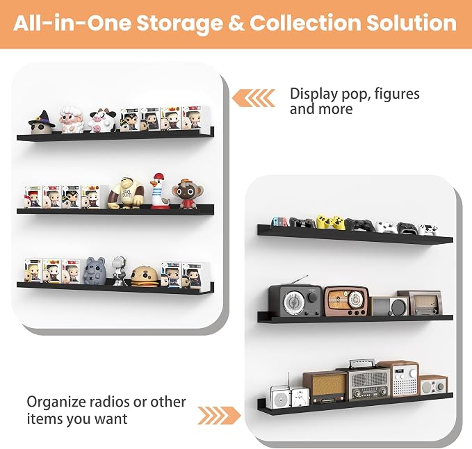 upsimples Floating Shelves for Wall Decor and Storage, Black, 6Pcs 47.3''