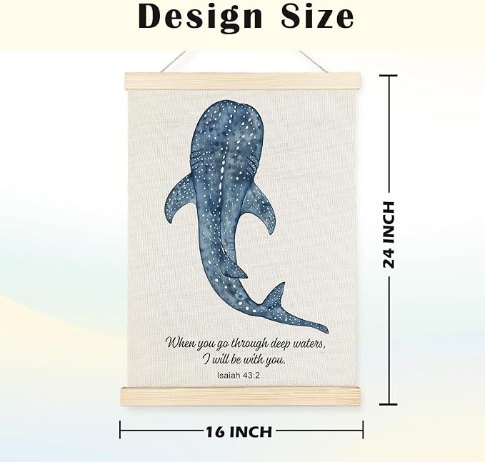 JINYO Whale Shark Christian Wall Art Poster, Bible Verses Wall Decor, Isaiah 43:2 Bible Scripture Canvas Prints Wall Decor for Bedroom Living Room Home Office Church, 16x24 Inches