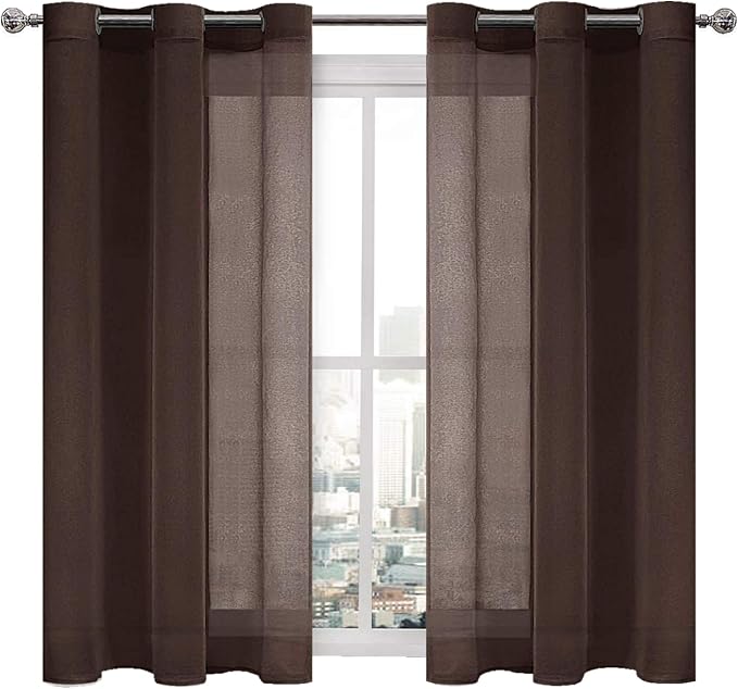 DWCN Brown Sheer Curtains for Living Room Bedroom - Faux Linen Look Voile Drapes Grommet Top Window Curtain Panel 46 x 54 Inch Length, Set of 2 Panels