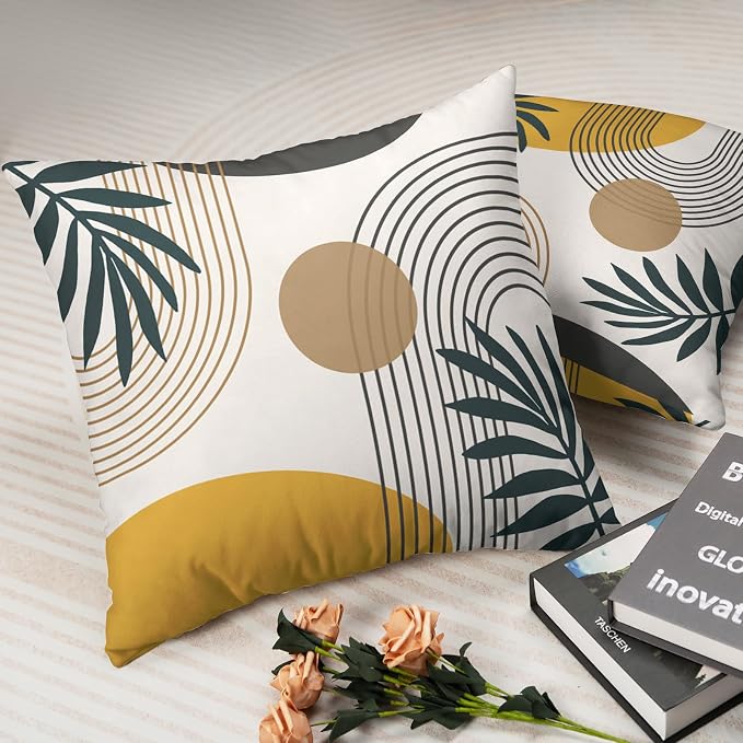 Minimalist Mid Century Modern Throw Pillow Covers 22x22 Boho Pillow Covers Tropical Green Leaves Modern Art Pillow Cases Soft Touch Room Decor for Sofa Couch Pack of 2