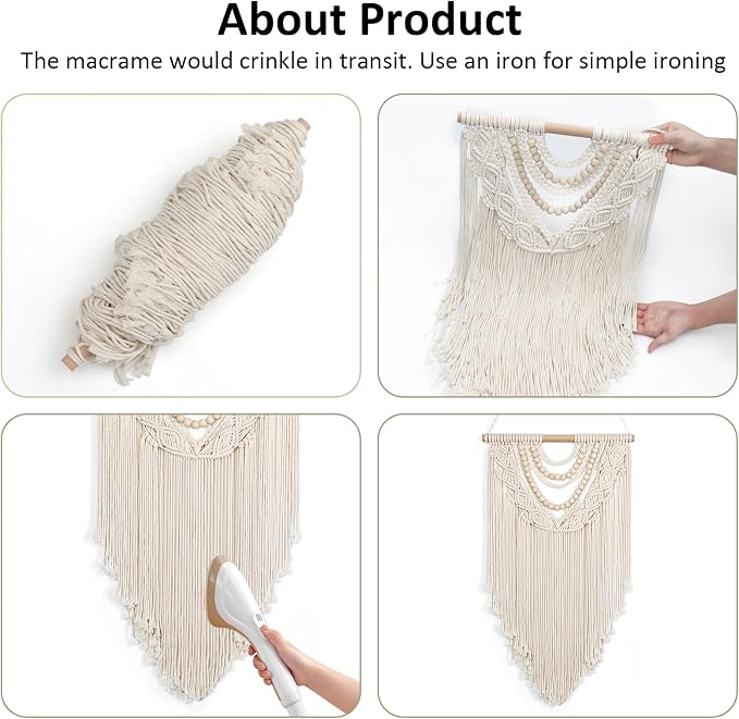 Beige Macrame Wall Hanging Handmade Tapestry with Chic Wooden Beads Tassels