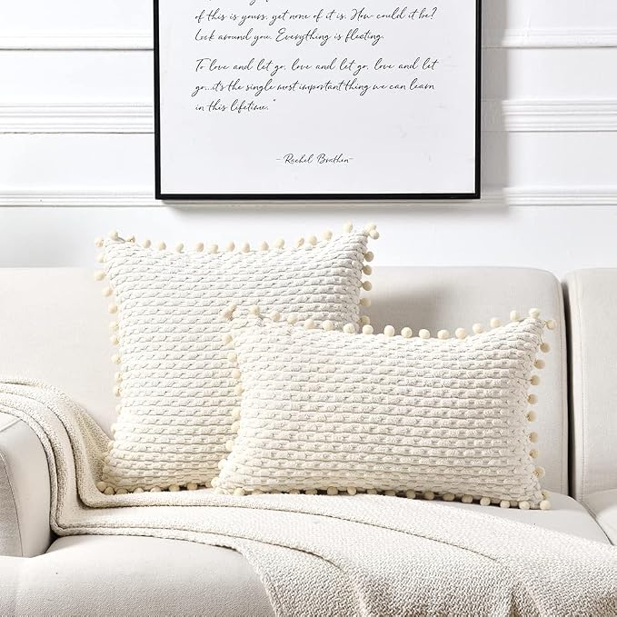 Fancy Homi Set of 2 Cream Decorative Throw Pillow Covers 24x24 Inch with Pom-poms for Couch Bed Sofa, Modern Farmhouse Boho Home Decor, Soft Plush Corduroy Cute Cushion Case 60x60cm