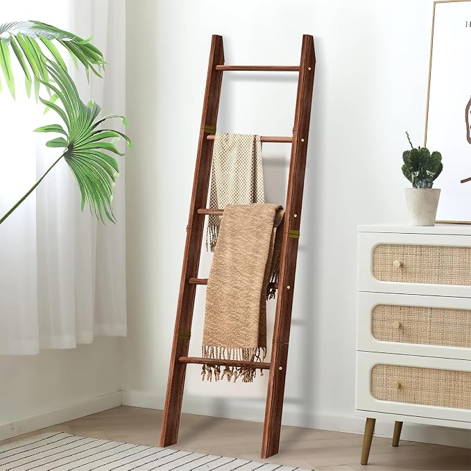 XLHOMO 5-Tier Wooden Blanket Ladder, 63" Rustic Leaning Blanket Rack for Living Room, Decorative Quilt and Towel Holder for Bedroom Bathroom Farmhouse Home Decor, Brown