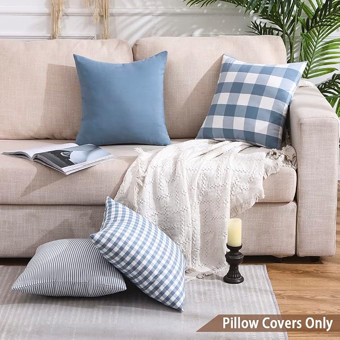 Light Dusty Blue Buffalo Check Plaid Farmhouse Pillow Covers 20x20 Set of 4 | Soft & Durable Decorative Couch Pillow Case Cushion Covers 20 x 20, Light Dusty Blue Pillow Covers, Gingham Checkered Striped