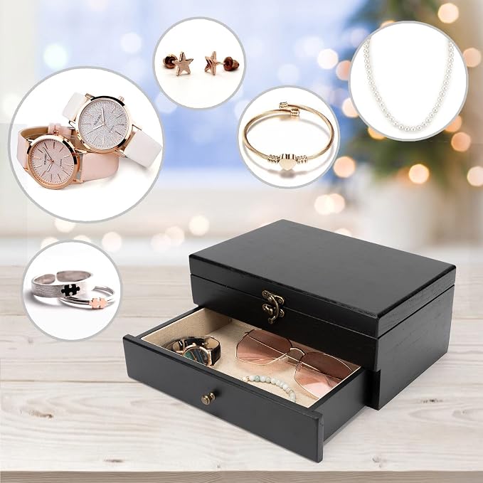 Pinzoveco Jewelry Box for Women, Rustic Wooden Jewelry Organizer Box for Storage Earrings Rings Necklace Bracelet, Farmhouse Style Wood Jewelry Boxes & Organizers (Black)