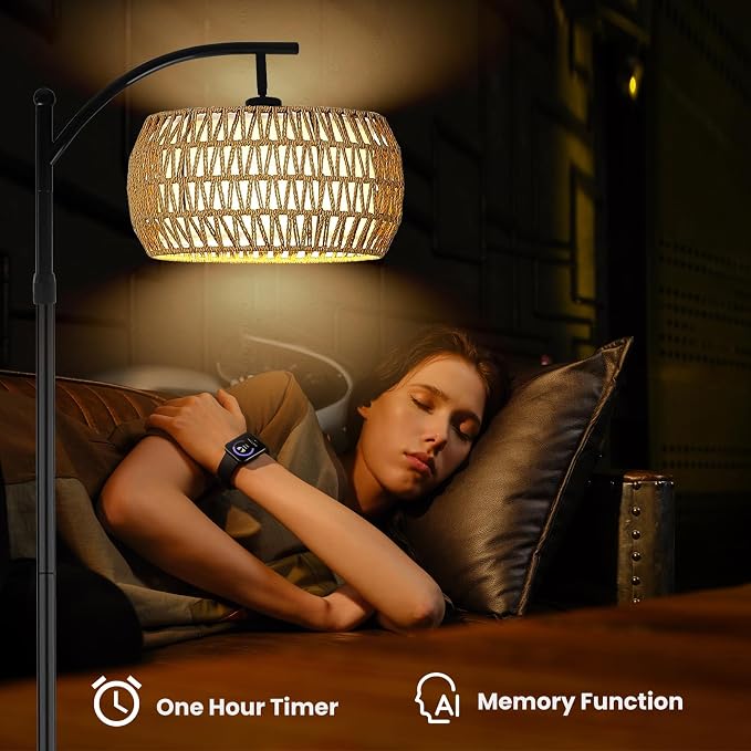 Yusist Arc Floor Lamp for Living Room,Farmhouse Floor Lamps with Remote Control & Dimmable Bulb, Boho Rattan Tall Standing Lamp for Bedroom Office