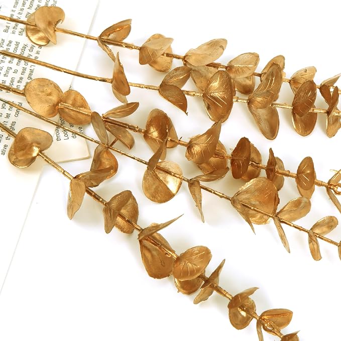 18pcs Gold Eucalyptus Stems Greenery Stems Fake Leaves Artificial Flowers Bouquet Faux Branches Centerpiece Flores Plants for Home Party Decor Wedding Decoration