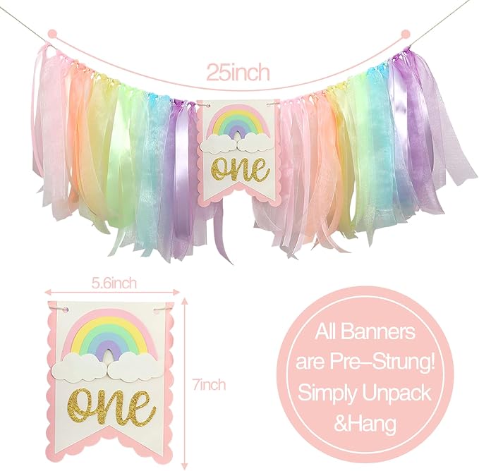 Macaron First Birthday Party Decorations Pastel Rainbow High Chair Banner Crown Cake Topper for Girl 1st Birthday Decor