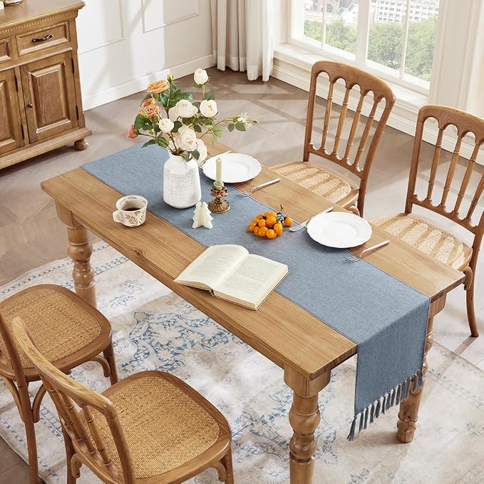 Cotton Linen Table Runner, 13x60 Inch, Dusty Blue with Hand Tassels | Linen Style Rustic Farmhouse Table Runners 60 Inches Long for Home Dresser Kitchen Dining Table Decor, Machine Wash