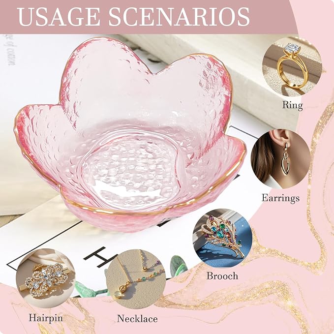 Gifts for Women Pink Flower Ring Dish Glass Jewelry Dish Jewelry Tray Cute Vanity Organizer Room Decor Aesthetic Nightstand Bathroom Decor Trinket Dish Ring Holder Dish Jewellery Tray Valentine's Gift