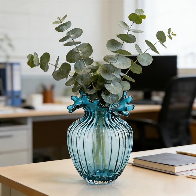 ZAVOOS Hand Blown Glass Vase, Unique Bubble Waves Mouth | Modern Decorative Blue Vase, Elegant Flower Vase for Home Decor, Living Room Centerpieces, Table Bouquet, Wedding Decoration