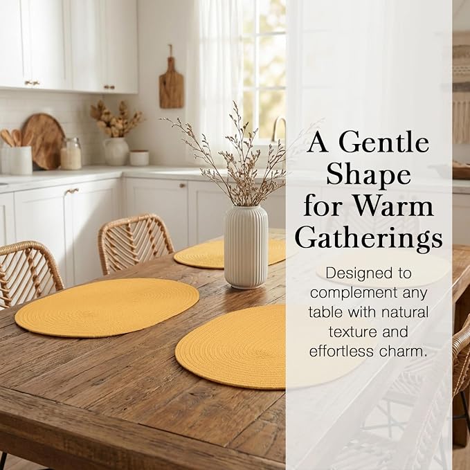 Placemats Set of 8, Woven Oval Braided Dining Table Mats(Mustard Yellow) | 12 x 17.5 Inch Size Fits Plates and Flatware; Hand Washable and Heat Resistant for Kitchen Use, with Farmhouse and Boho Style