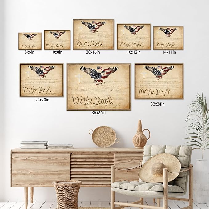 American Flag Framed Canvas Wall Art, 4th of July Patriotic Canvas Prints | USA Flag with Bald Eagle Poster Print, Vintage Independence Day Wall Decor for Bedroom Living Room 8×10in