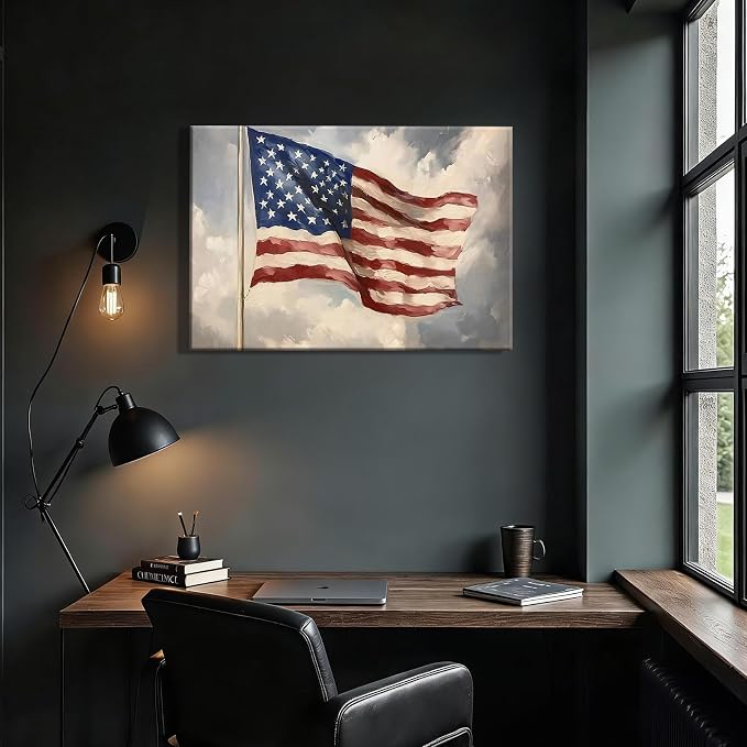 Vintage American Flag Framed Canvas Wall Art 12x18in, Patriotic Oil Painting Canvas Print, 4th of July Independence Day Wall Decor for Living Room, Bedroom, Office, Made in USA