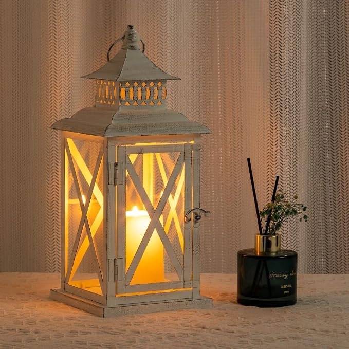 Lantern Decorative Indoor & Outdoor, Large Square Hanging Spring Home Decor, Vintage Metal Decorative Candle Lanterns for Outdoor Patio Wedding Party White with Black Brush