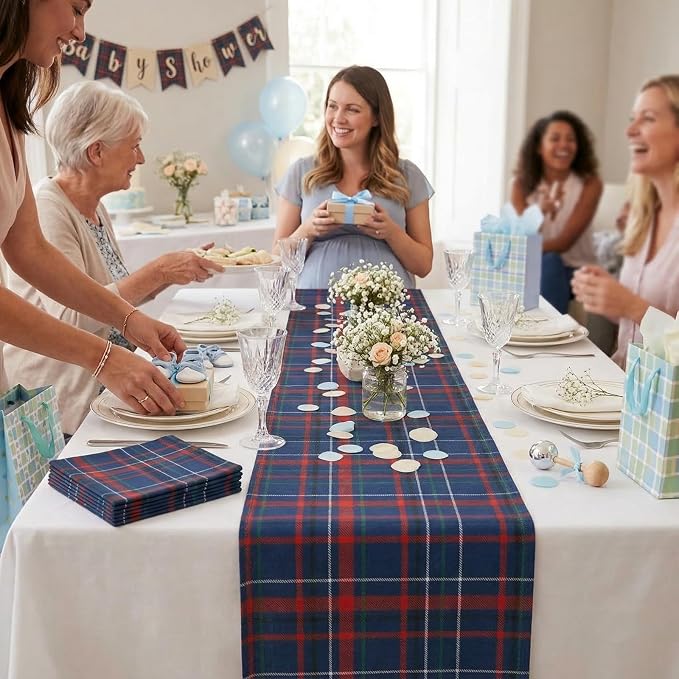 Gilprop 6 Pcs 72 x 13'' Tartan Plaid Table Runner Red and Blue | Vintage Bear Babyshower Birthday Party Dining Decor, Checkered Cloth for Home Kitchen Farmhouse, Reusable Fabric Sets