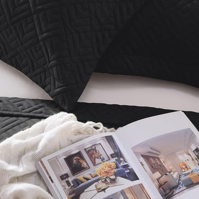 EXQ Home King Size Quilt Set Squares Pattern Bedding Set Lightweight Black | Soft Microfiber Bedspread, Breathable & Wrinkle-resistant Coverlet. All-season Use for Hot Sleepers. 3-pc Set with 2 Shams