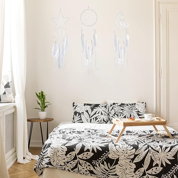 Jetec 3 Pcs Dream Catcher for Girl Star Sun Moon Decor, White