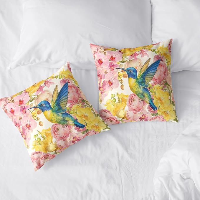 Spring Pillow Covers 18x18 Set of 2 Hummingbird Throw Pillow Covers Pink Yellow Moth Orchid Buttercup Floral Pillow Case for Home Decor Couch Sofa