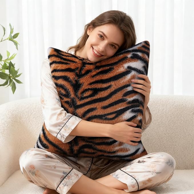 cygnus Tiger Print Throw Pillow Covers 18X18 inch | Fluffy Fuzzy Decorative Square Faux Fur Throw Pillow Covers for Couch Sofa Living Room Bedroom