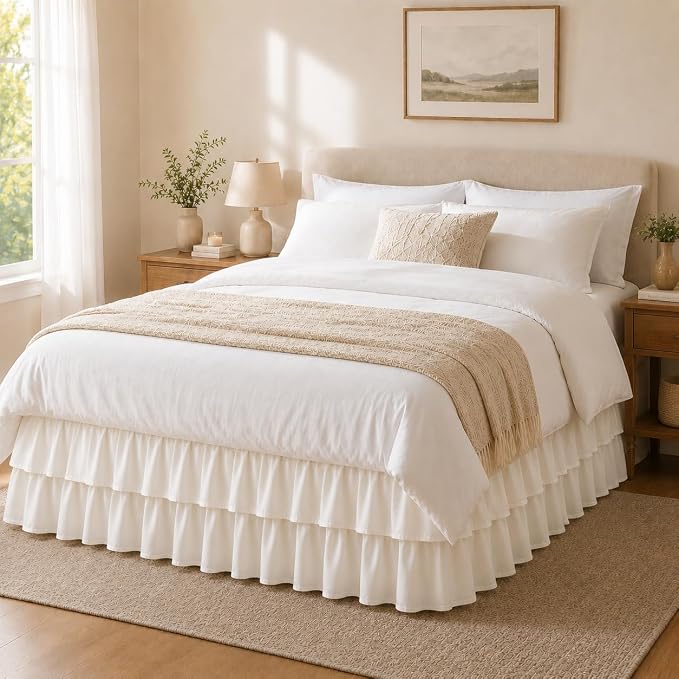 Cream Queen Bed Skirt 14 Inch Drop Double Layer Dust Ruffle