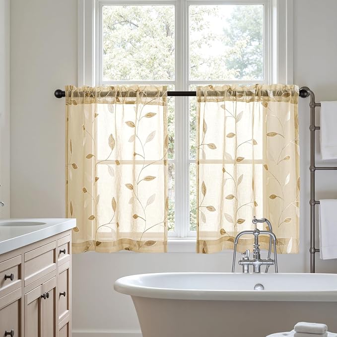MIULEE Beige Sheer Curtains 2 Panels Embroidered Leaf Patterned, W30 x L24 | Embroidered Floral Semi Sheer,Rod Pocket,Faux Linen,Short Window Curtains Drapes Set for Kitchen/Bathroom/Cafe