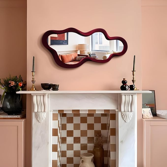 Mirror Wall Decor for Retro Living Room Bedroom,13.8x29.7,Wine Red | Soft Flocking Touch,Asymmetrical Decorative Mirror for Entry Porch Staircase,Retro Modern Hanging Wall Art Gift for Wedding