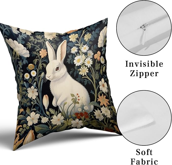 Giwawa 2PCs Easter Bunny Pillow Covers 16"x16" Cute Rabbit Boho Flowers Square Pillowcases Black Spring Floral Wildflower Cotton Throw Cushion Covers for Sofa Couch Patio Indoor Outdoor Decor