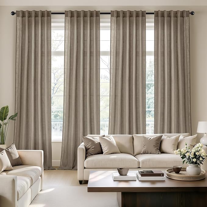 MIULEE Dark Taupe Back Tab Linen Curtains 4 Panels 42W x 84L | Linen material, light filtering, rod pocket back tab hanging, farmhouse decor for living room bedroom