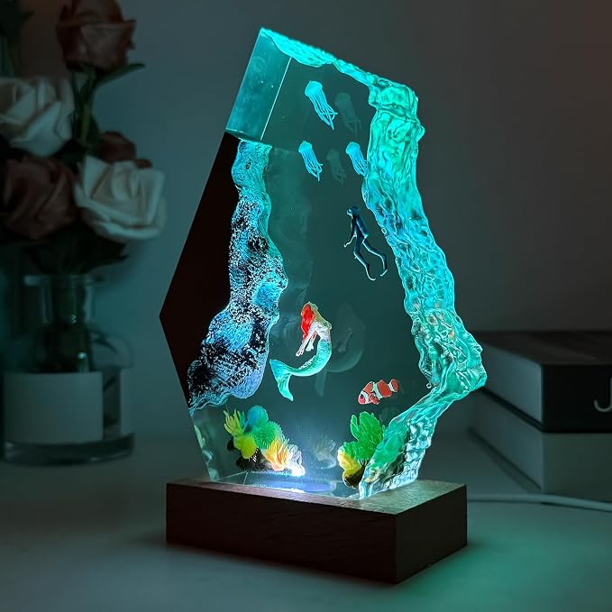 Mermaid Resin Lamp,Handcrafted Ocean Lamp with Wooden Base,RGB Lighting,Resin Art Mermaid Decor for Home Office, Mermaid Gifts for Women,Girls, Unique Birthday Holiday Gifts (L 12"X8")