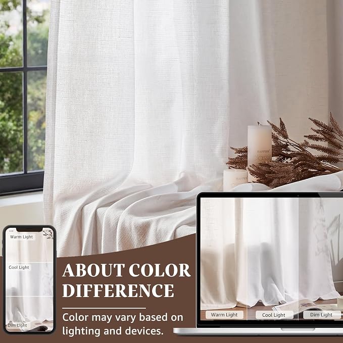 jinchan Linen Curtains Light Filtering Back Tab 100x96 Inch 1 Panel White | Semi Sheer Curtains 96 inch length for Bedroom Living Room, Modern Farmhouse Drapes with Rod Pocket, Natural Boho Curtains