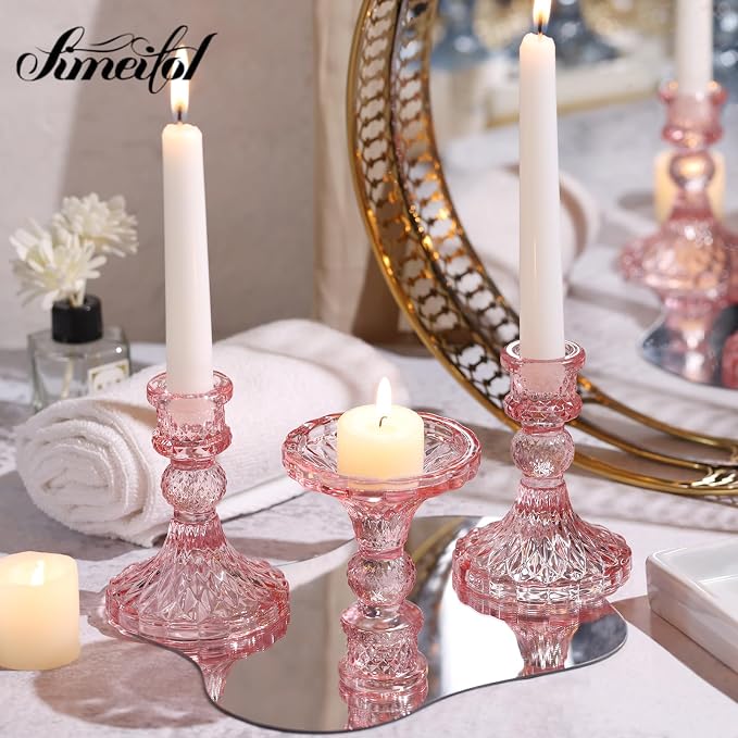 Glass Candle Holder Set of 12, Pink Taper Candle Holders Bulk | Vintage Candlestick Holders, Candle Stick Holder for Table Centerpieces, Wedding & Mother's Day