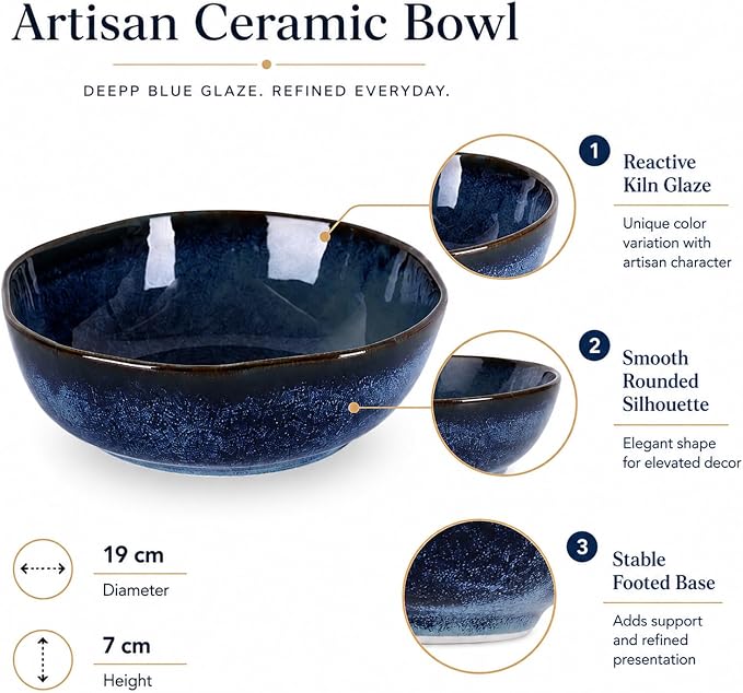 Blue Ceramic Bowl, 7.5in Decorative Serving Bowl for Coffee Table Decor
