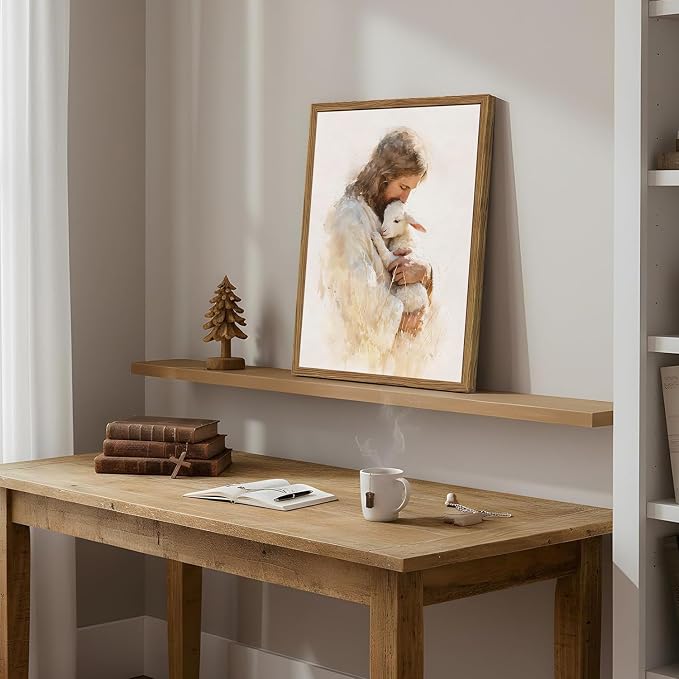 Jesus and Lamb Wall Art, Christian Good Shepherd Wall Decor Picture, Religious Faith Poster Painting Canvas Print for Living Dining Prayer Room Bedroom 16x24 inch Wood Framed