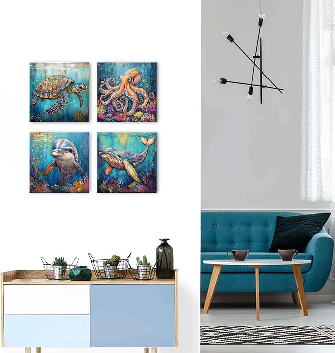 Bathroom Wall Art 16x16" 4Pcs, Blue Ocean Canvas Painting Vintage Wood Grain Background Animal Artwork Nautical Underwater World Cartoon Sea Turtle Octopus Posters Living Room Nursery Home Decorations