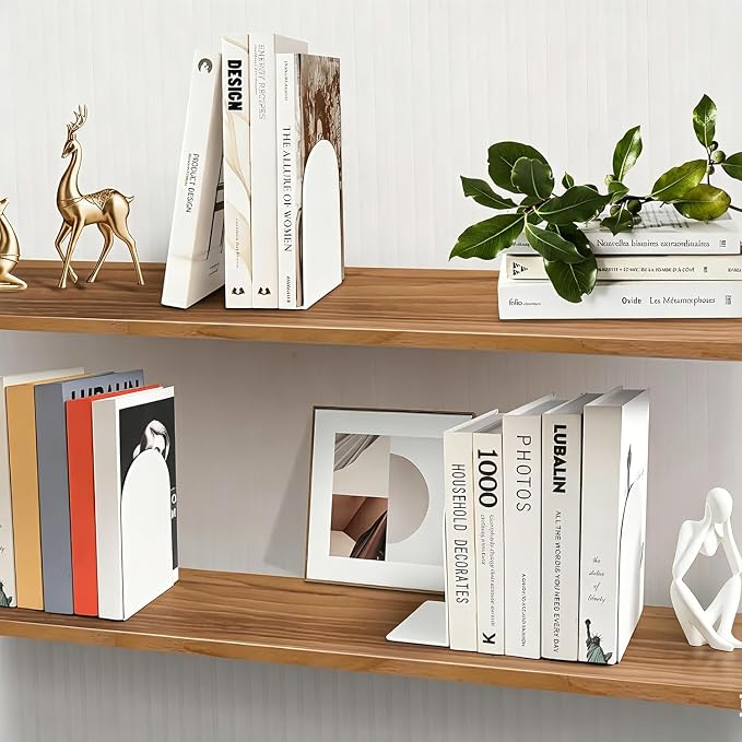 8 Pcs Metal Bookends - Book Ends for Shelves, White