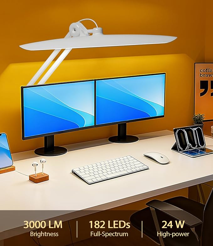 Led Desk Lamp with Clamp, Eye Caring Architect Desk Light for Home Office, Dual Screen Computer Monitor Gooseneck Adjustable Arm 20" LED Lamp, Stepless Dimming, for Nails &Salon, Reading, Workbench