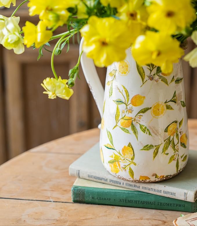 Vintage Lemon Ceramic Vase with Handle, Retro Ice Glazed Crack Farmhouse Pitcher Vase for Home Decor, Living Room, Shelf, Office, Rustic Table Centerpiece 9 Inch