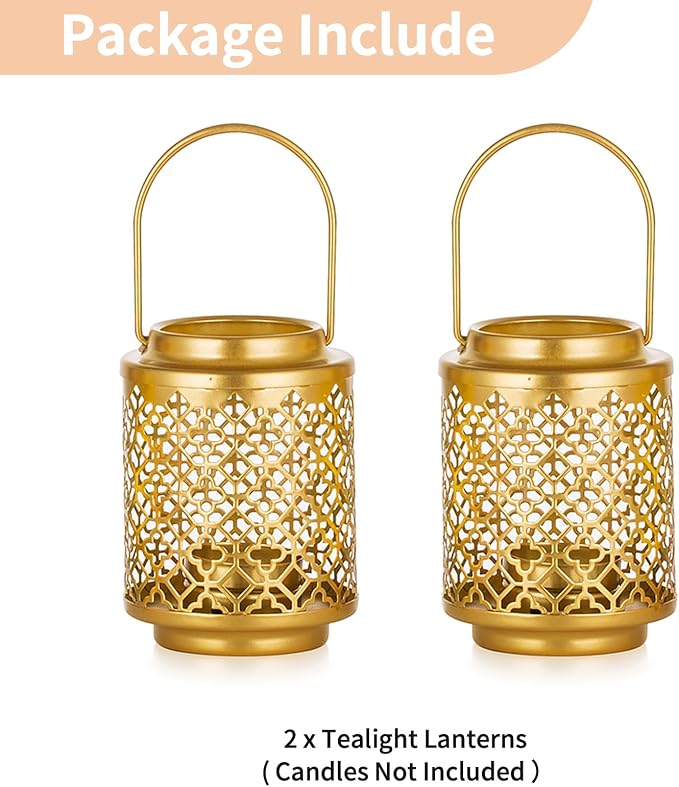 NUPTIO Decorative Candle Lanterns Gold, 2 Pcs Tea Light Candles Holders