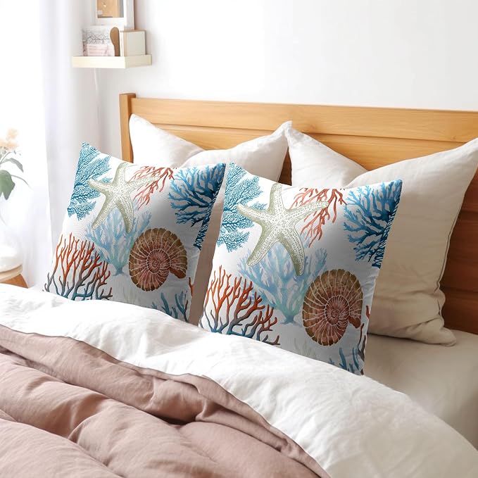 Kawani Coastal Pillow Covers 18x18 Inch Beach Theme Starfish Coral Seashell Outdoor Decorative Throw Pillows Set of 2 Nautical Ocean Blue Pillowcases for Couch Home Decor