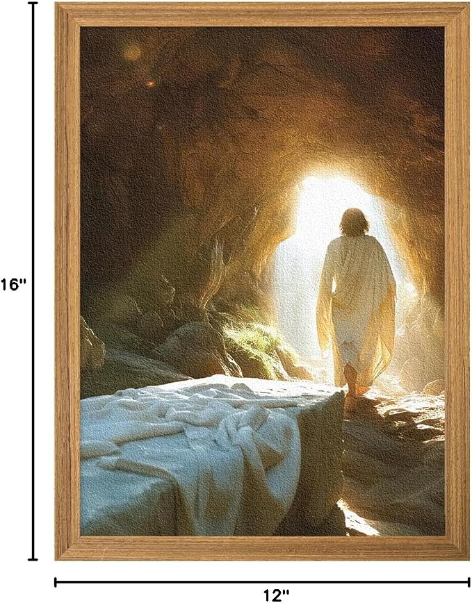 3D Textured Framed Easter Jesus Wall Art, Jesus Leaves the Tomb Christian Wall Decor Painting, Religion Resurrection Savior Picture Poster Print for Church Prayer Room Living Room 12x16 Inch