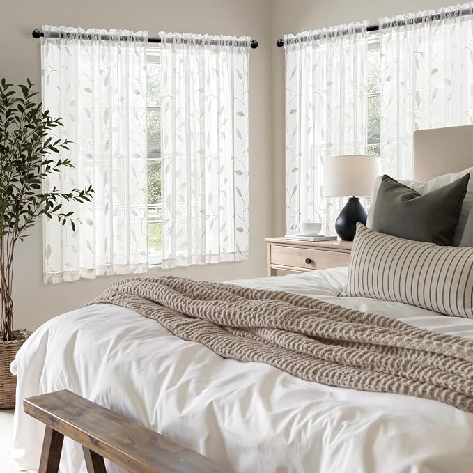 MIULEE White Sheer Curtains 2 Panels Embroidered Leaf Patterned, W52 x L54 | Embroidered Floral Semi Sheer,Rod Pocket,Faux Linen,Short Window Curtains Drapes Set for Kitchen/Bathroom/Cafe